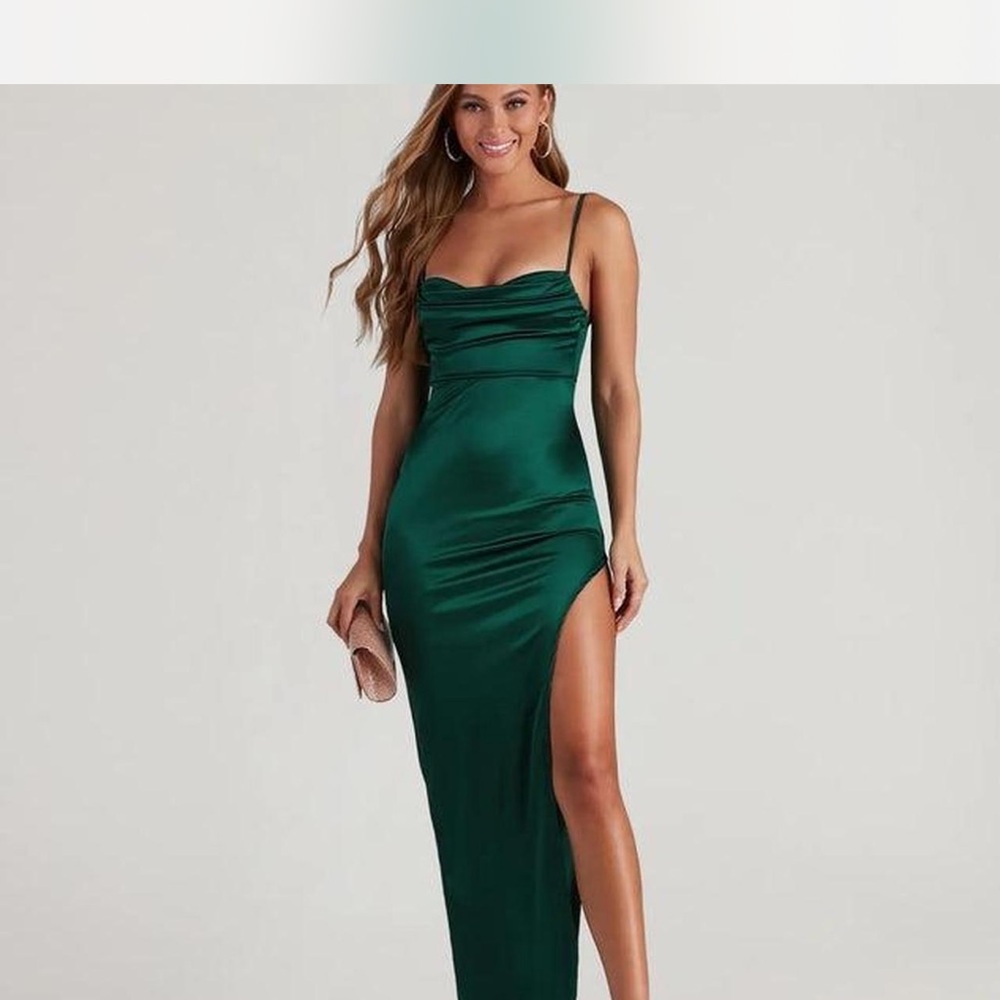 Windsor Jade Green Satin Cowl Neck Gown with Side Slit and Boning